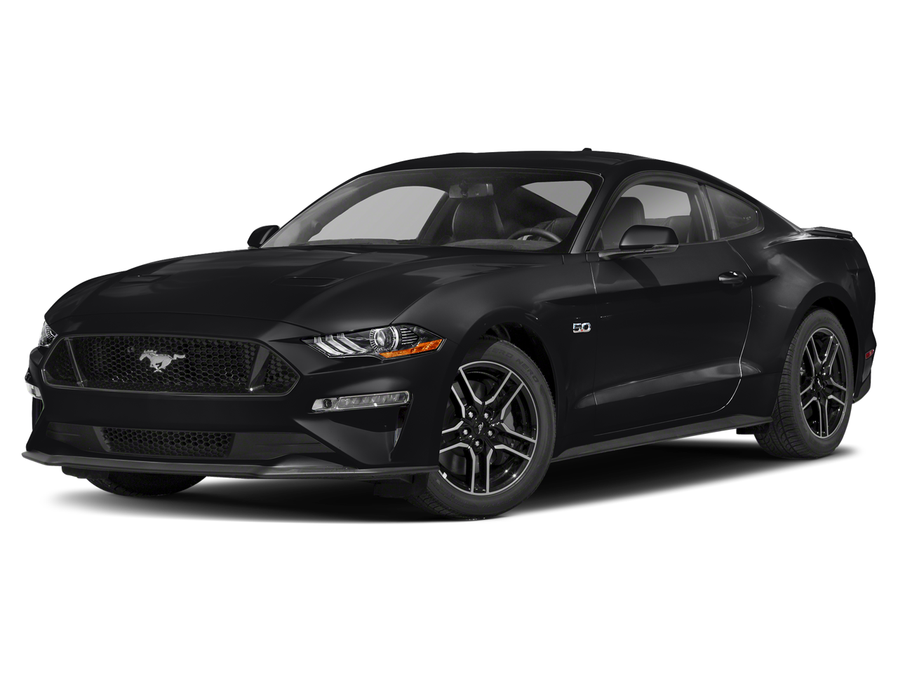 2019 Ford Mustang GT in Shadow Black — front three-quarter view