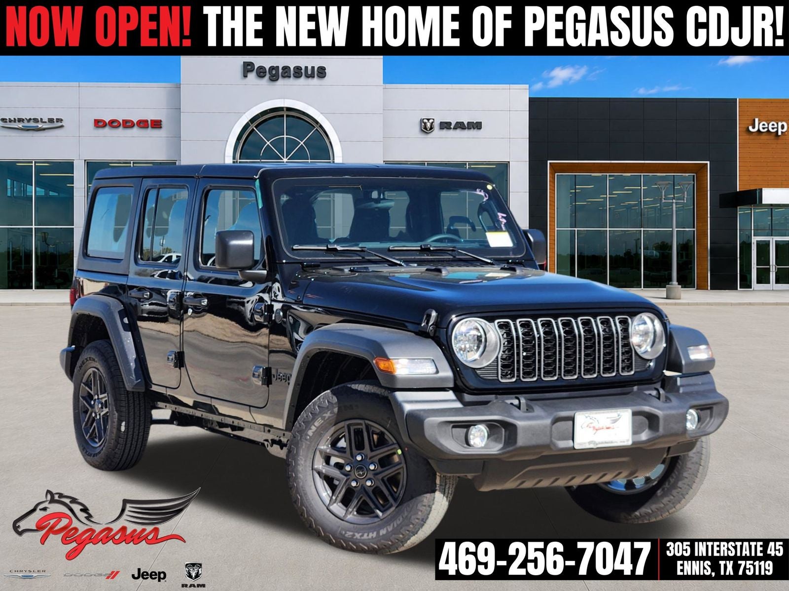 2026 Jeep Wrangler WRANGLER 4-DOOR SPORT in Black Clear-Coat Exterior Paint — front three-quarter view