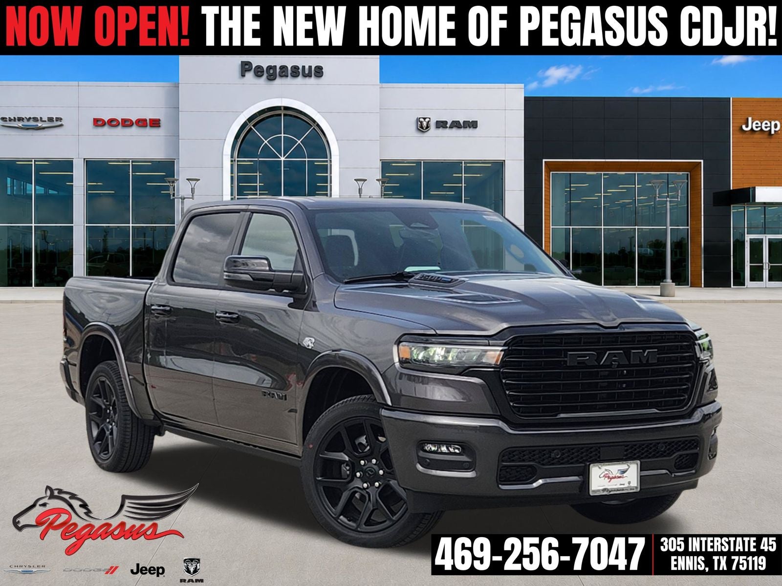2026 RAM Ram 1500 RAM 1500 LARAMIE CREW CAB 4X4 5'7' BOX in Granite Crystal Metallic Clear-Coat Exterior Paint — front three-quarter view