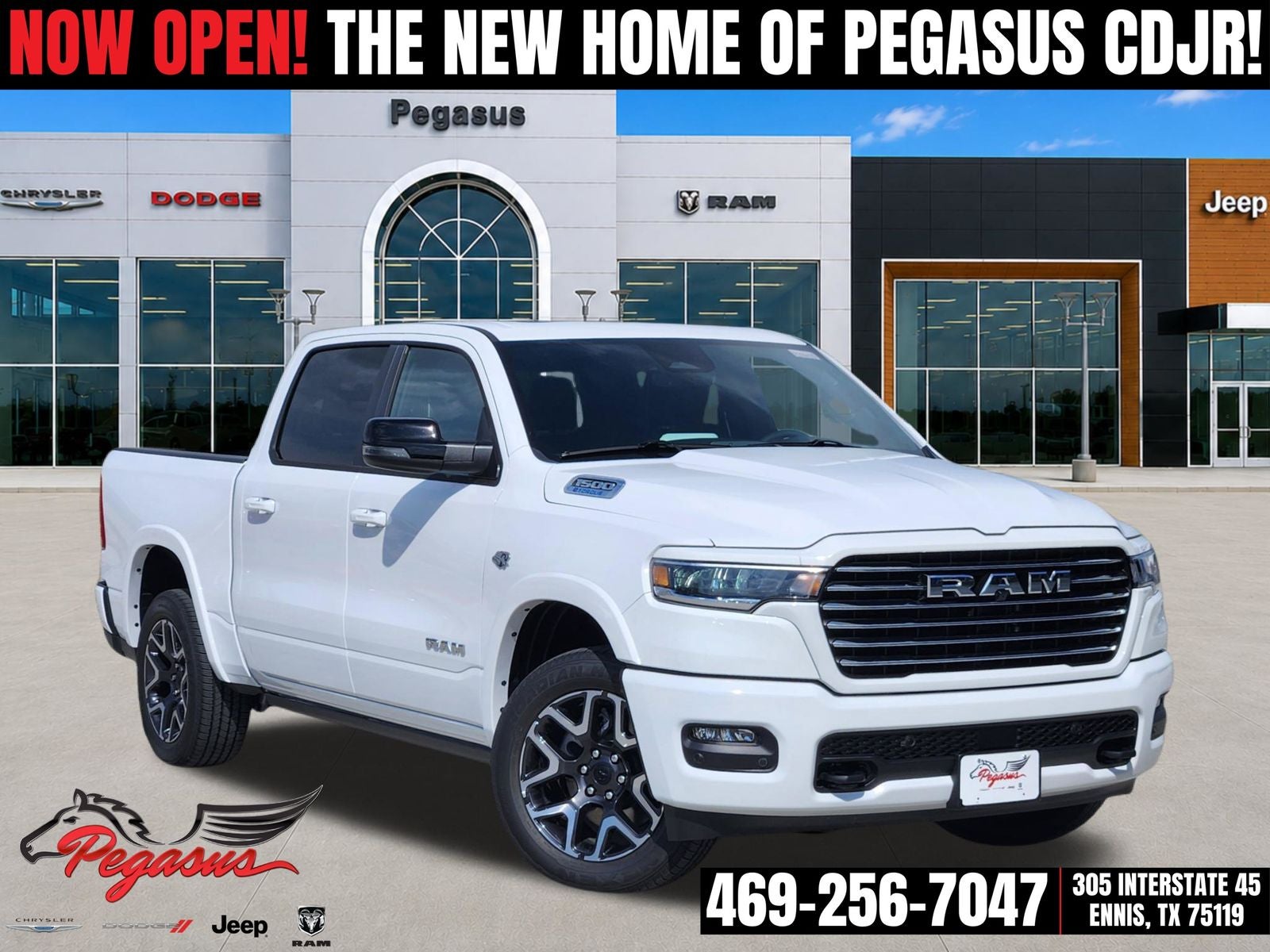 2026 RAM Ram 1500 RAM 1500 LARAMIE CREW CAB 4X4 5'7' BOX in Bright White Clear-Coat Exterior Paint — front three-quarter view
