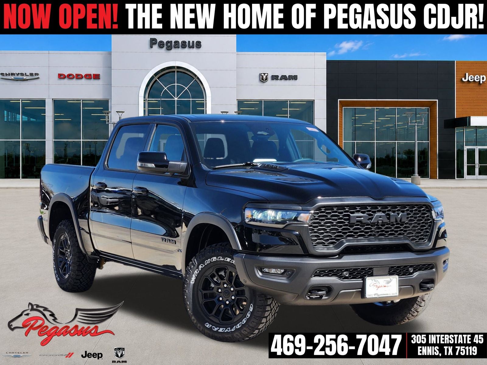 2026 RAM Ram 1500 RAM 1500 REBEL CREW CAB 4X4 5'7' BOX in Diamond Black Crystal Pearl-Coat Exterior Paint — front three-quarter view
