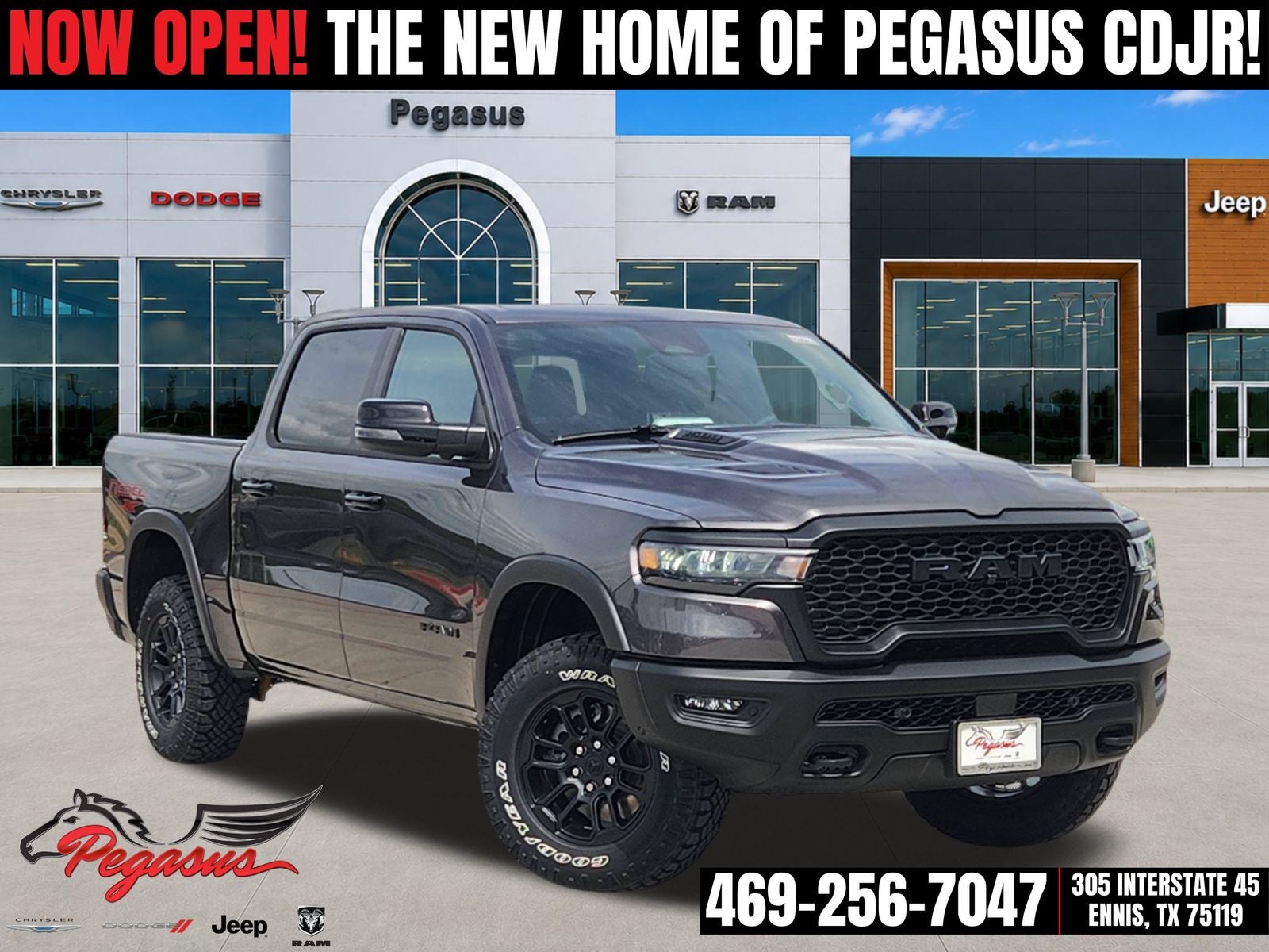 2026 RAM Ram 1500 RAM 1500 REBEL CREW CAB 4X4 5'7' BOX in Granite Crystal Metallic Clear-Coat Exterior Paint — front three-quarter view