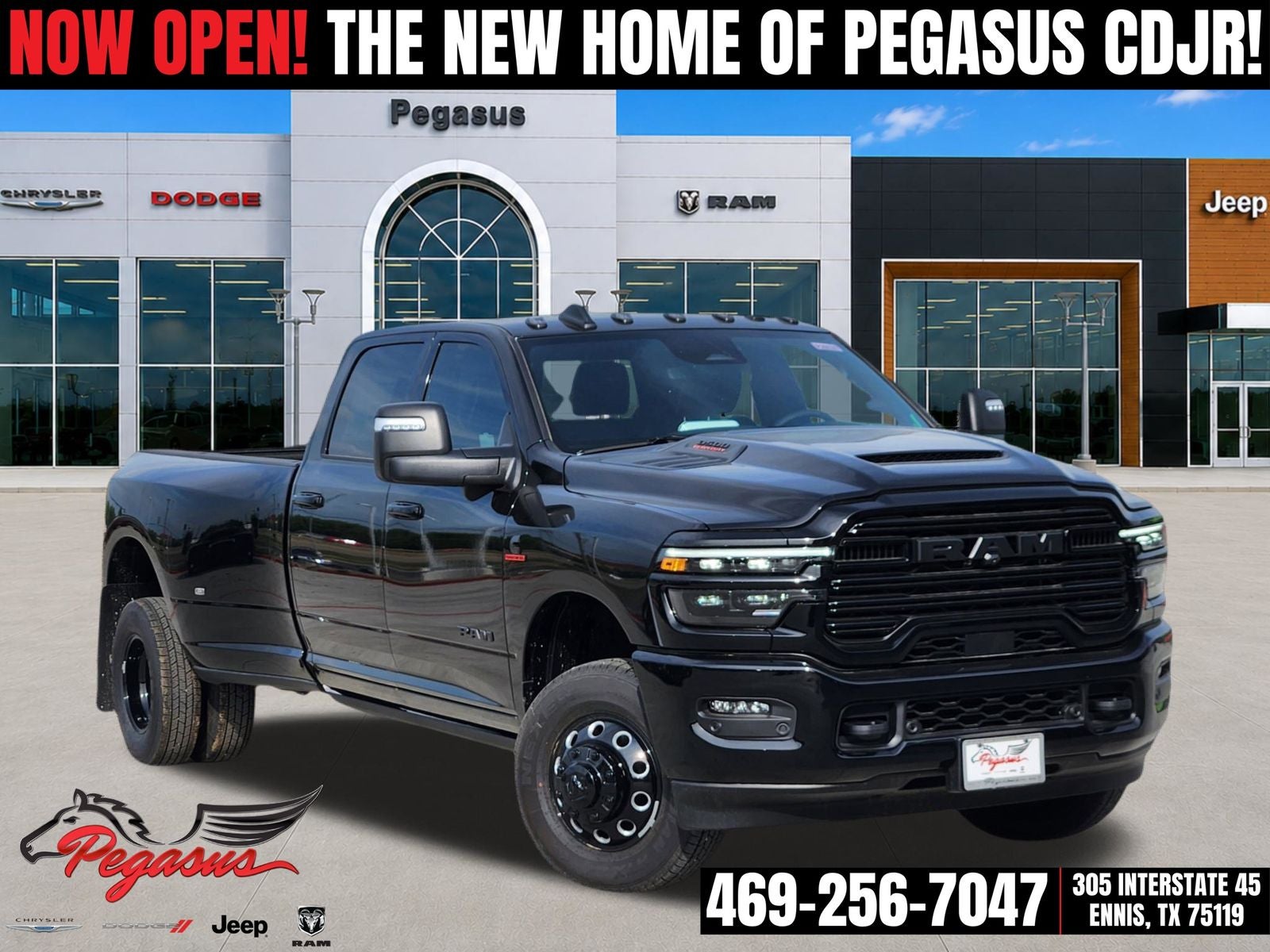 2026 RAM Ram 3500 RAM 3500 LARAMIE CREW CAB 4X4 8' BOX in Diamond Black Crystal Pearl-Coat Exterior Paint — front three-quarter view