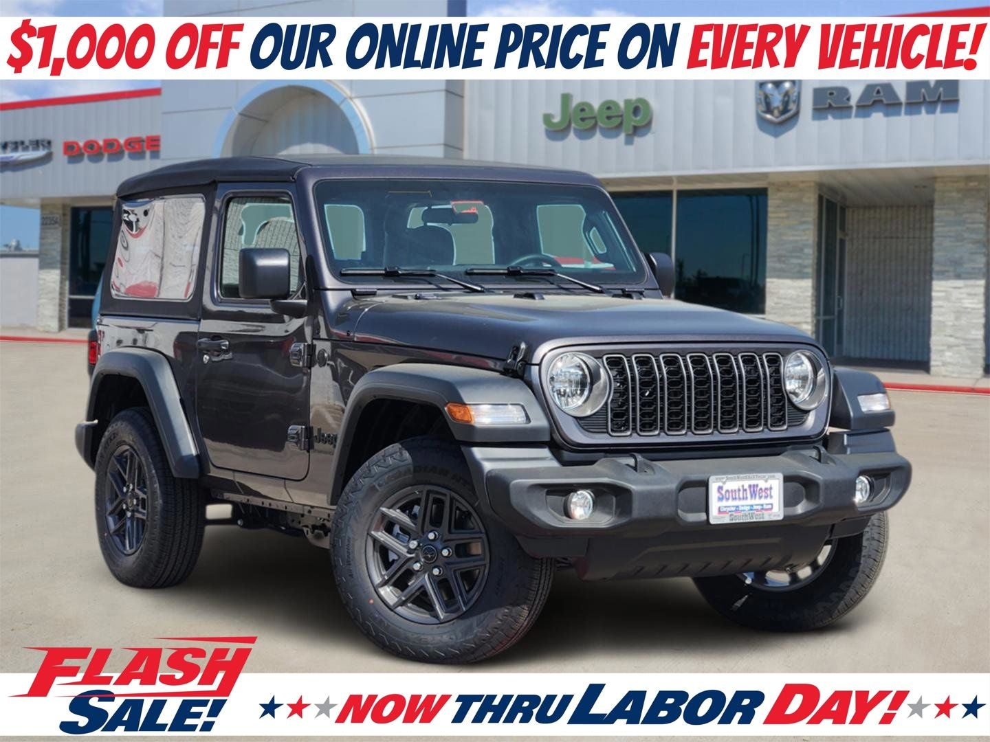 2026 Jeep Wrangler WRANGLER 2-DOOR SPORT in Granite Crystal Metallic Clear-Coat Exterior Paint — front three-quarter view