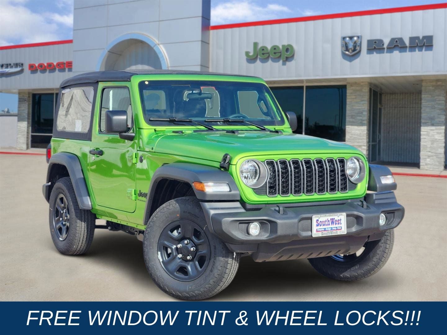2026 Jeep Wrangler WRANGLER 2-DOOR SPORT in Mojito Clear-Coat Exterior Paint — front three-quarter view