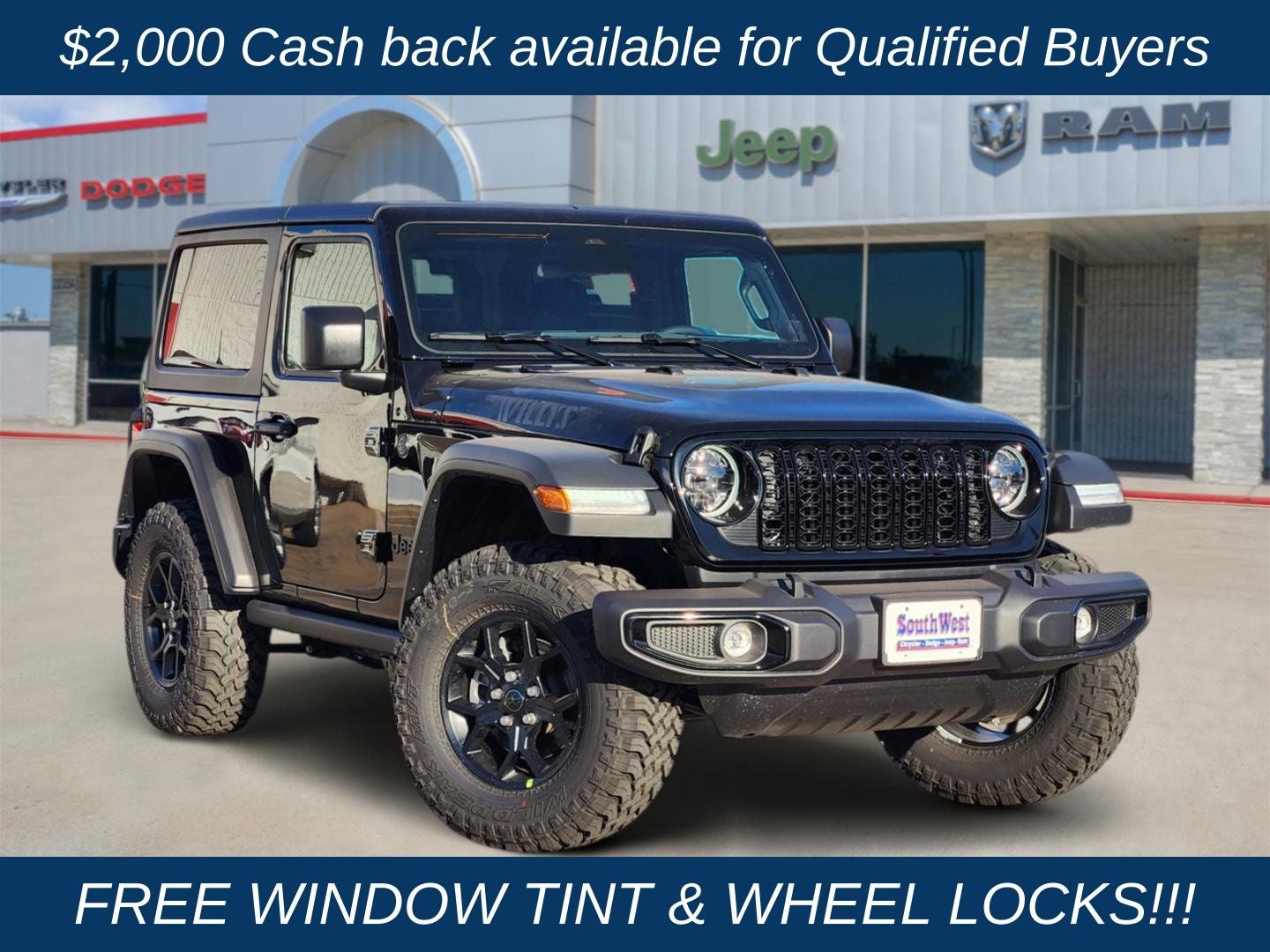 2026 Jeep Wrangler WRANGLER 2-DOOR WILLYS in Black Clear-Coat Exterior Paint — front three-quarter view