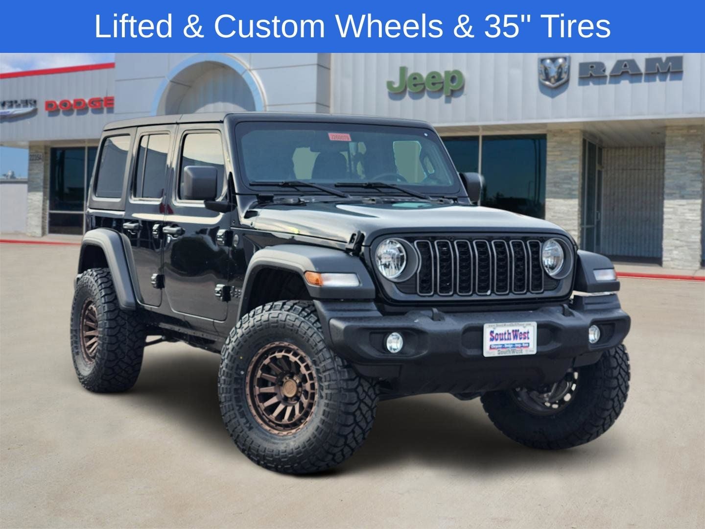 2026 Jeep Wrangler WRANGLER 4-DOOR SPORT in Black Clear-Coat Exterior Paint — front three-quarter view