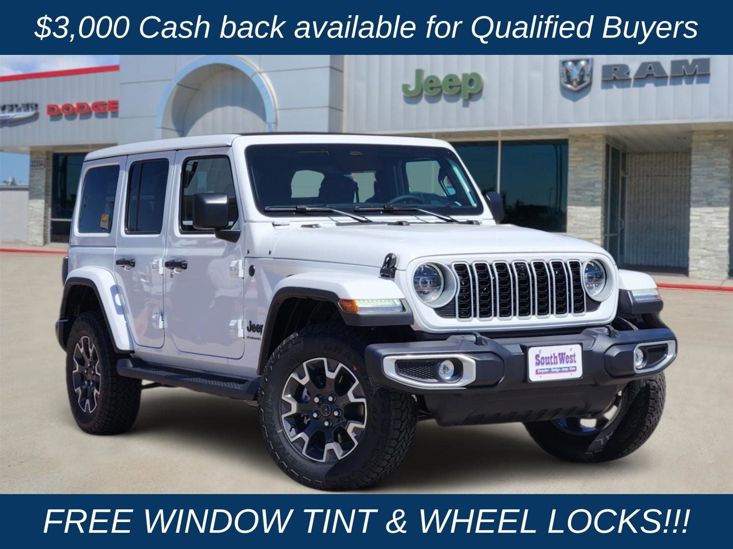 2026 Jeep Wrangler WRANGLER 4-DOOR SAHARA in Bright White Clear-Coat Exterior Paint — front three-quarter view