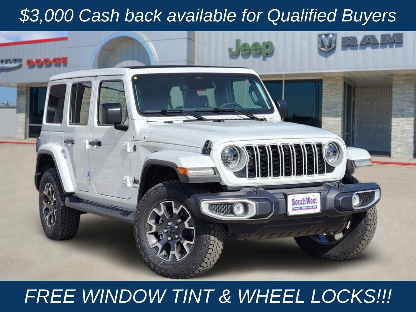 2026 Jeep Wrangler WRANGLER 4-DOOR SAHARA in Bright White Clear-Coat Exterior Paint — front three-quarter view