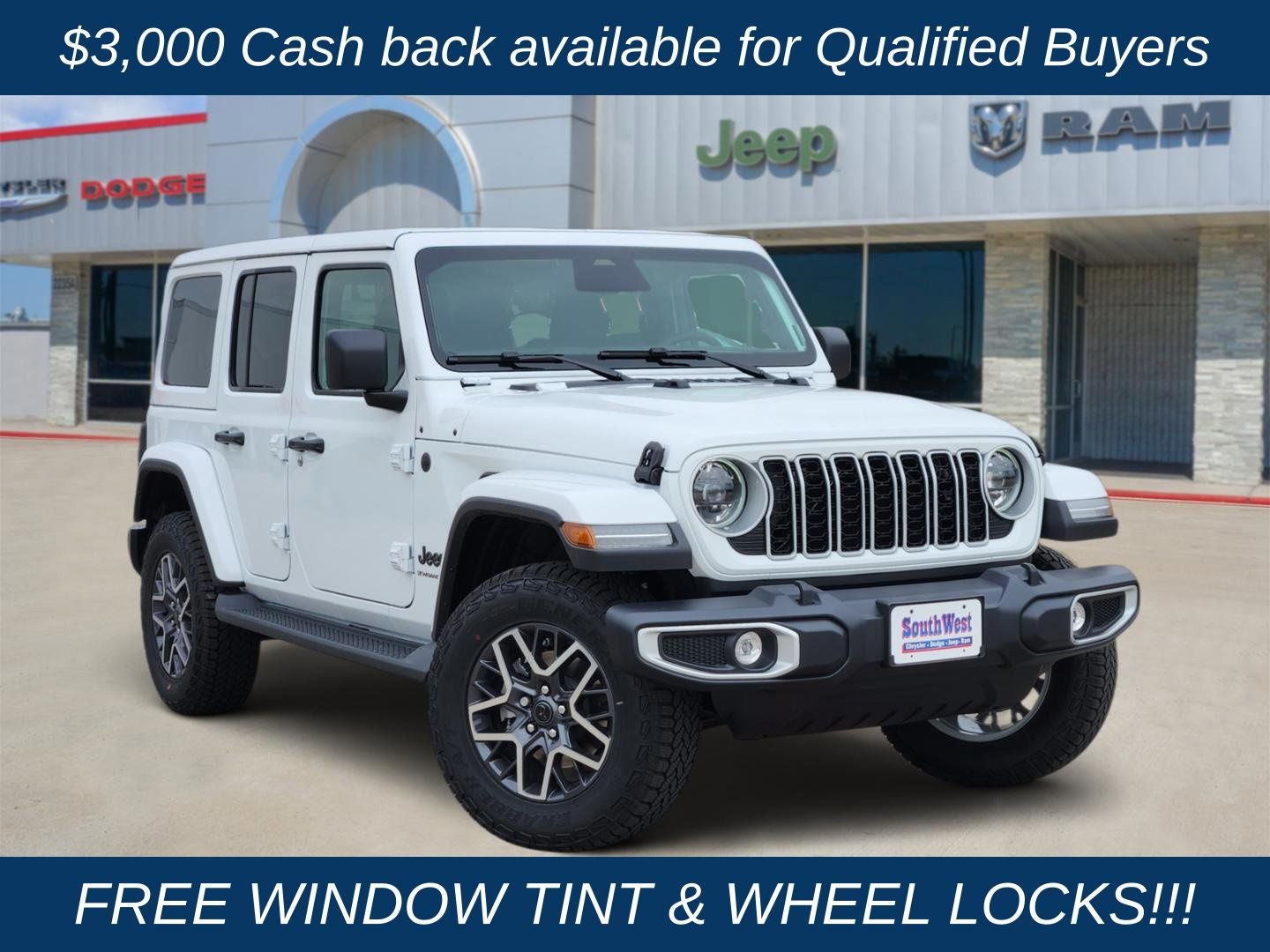 2026 Jeep Wrangler WRANGLER 4-DOOR SAHARA in Bright White Clear-Coat Exterior Paint — front three-quarter view