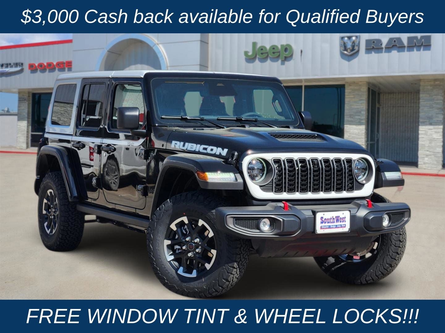 2026 Jeep Wrangler WRANGLER 4-DOOR RUBICON in Black Clear-Coat Exterior Paint — front three-quarter view