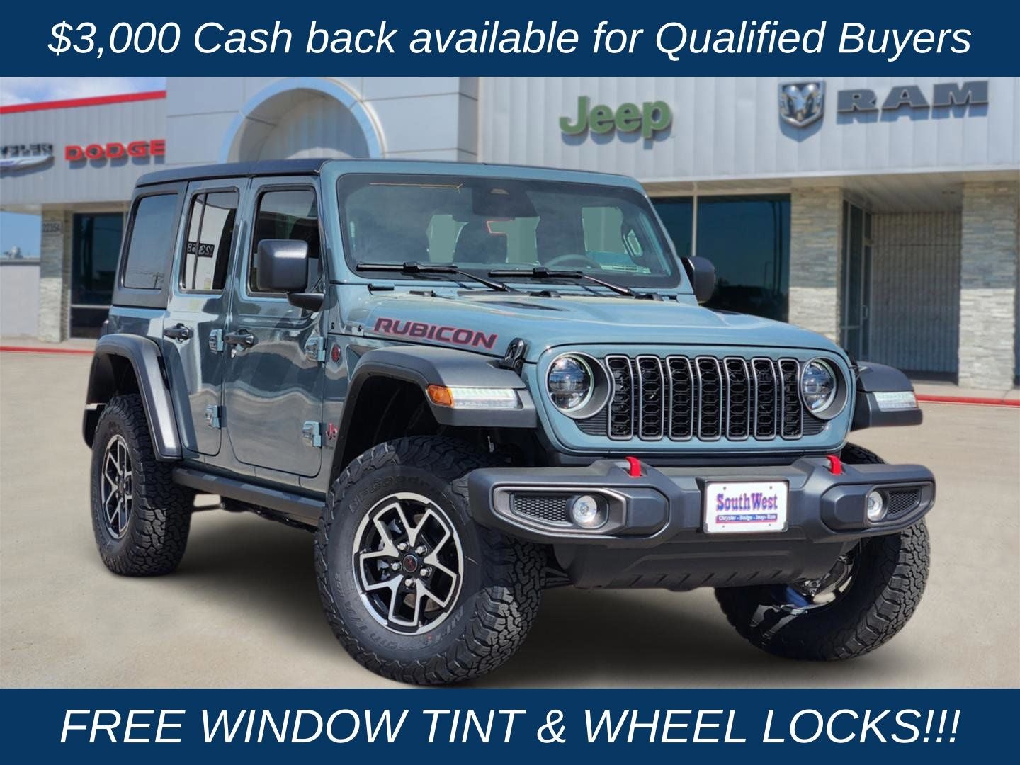 2026 Jeep Wrangler WRANGLER 4-DOOR RUBICON in Anvil Clear-Coat Exterior Paint — front three-quarter view
