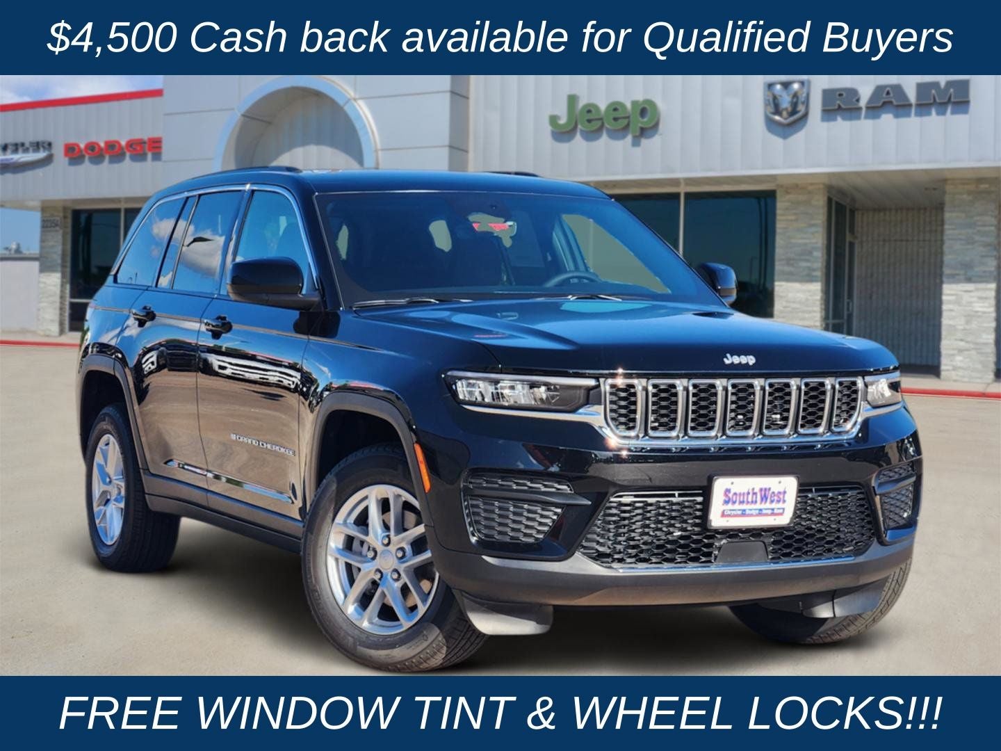 2026 Jeep Grand Cherokee GRAND CHEROKEE LAREDO 4X2 in Diamond Black Crystal Pearl-Coat Exterior Paint — front three-quarter view