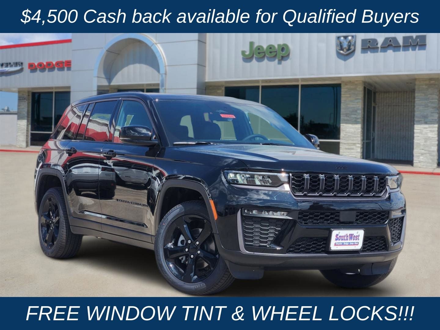 2026 Jeep Grand Cherokee GRAND CHEROKEE LIMITED 4X2 in Diamond Black Crystal Pearl-Coat Exterior Paint — front three-quarter view