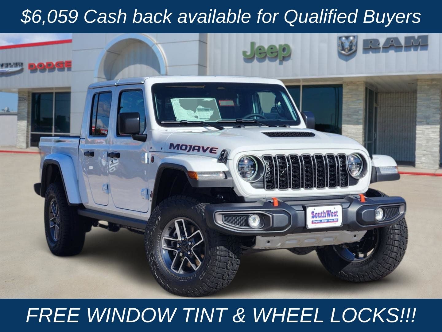 2026 Jeep Gladiator GLADIATOR MOJAVE 4X4 in Bright White Clear-Coat Exterior Paint — front three-quarter view