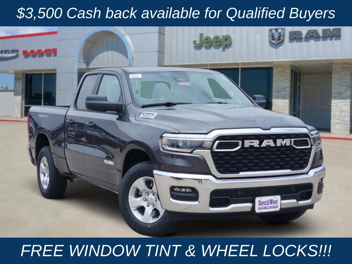 2026 RAM Ram 1500 RAM 1500 LONE STAR QUAD CAB 4X2 6'4' BOX in Granite Crystal Metallic Clear-Coat Exterior Paint — front three-quarter view