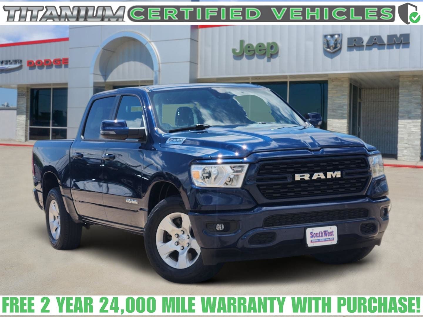 2024 RAM Ram 1500 Big Horn Crew Cab 4x2 5'7' Box in Patriot Blue Pearlcoat — front three-quarter view