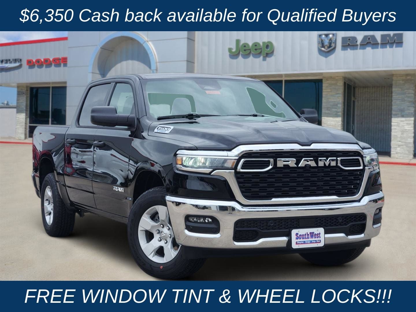 2026 RAM Ram 1500 RAM 1500 LONE STAR CREW CAB 4X2 5'7' BOX in Diamond Black Crystal Pearl-Coat Exterior Paint — front three-quarter view