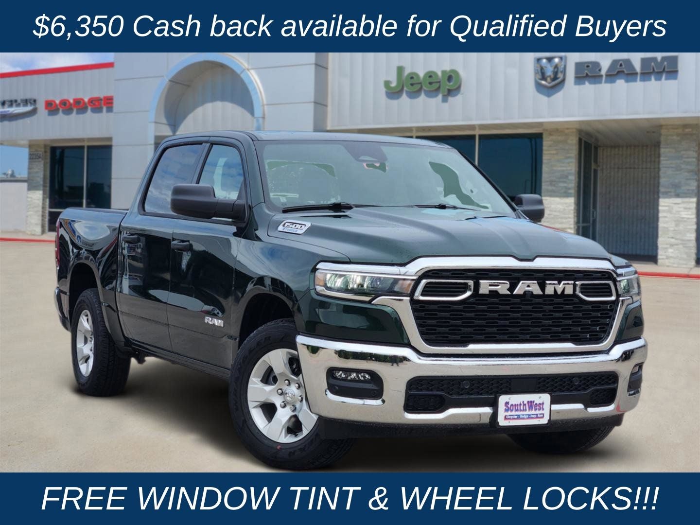 2026 RAM Ram 1500 RAM 1500 LONE STAR CREW CAB 4X2 5'7' BOX in Serrano-Green Metallic Exterior Paint — front three-quarter view