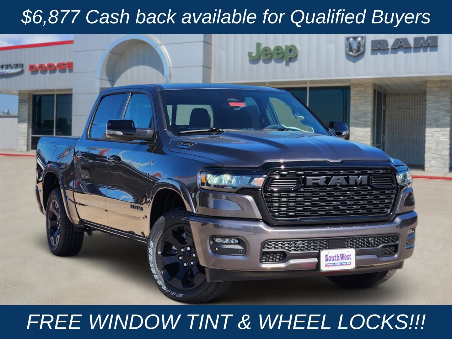 2026 RAM Ram 1500 RAM 1500 LONE STAR CREW CAB 4X2 5'7' BOX in Granite Crystal Metallic Clear-Coat Exterior Paint — front three-quarter view