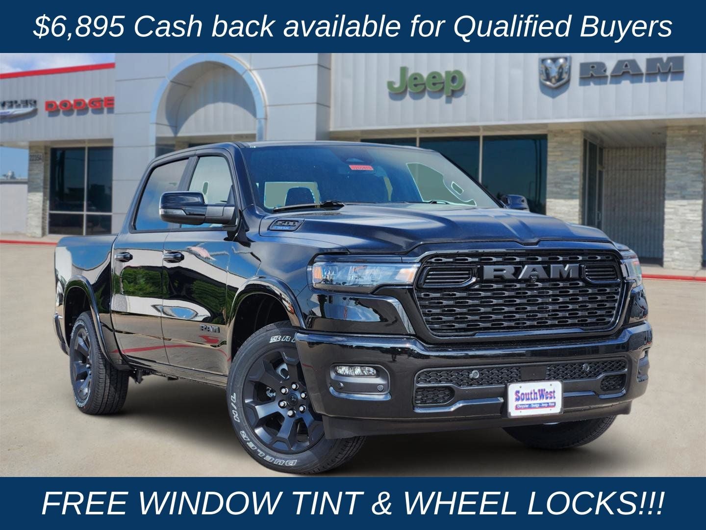 2026 RAM Ram 1500 RAM 1500 LONE STAR CREW CAB 4X2 5'7' BOX in Diamond Black Crystal Pearl-Coat Exterior Paint — front three-quarter view