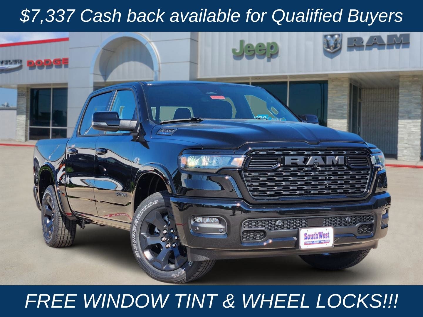 2026 RAM Ram 1500 RAM 1500 LONE STAR CREW CAB 4X2 5'7' BOX in Diamond Black Crystal Pearl-Coat Exterior Paint — front three-quarter view