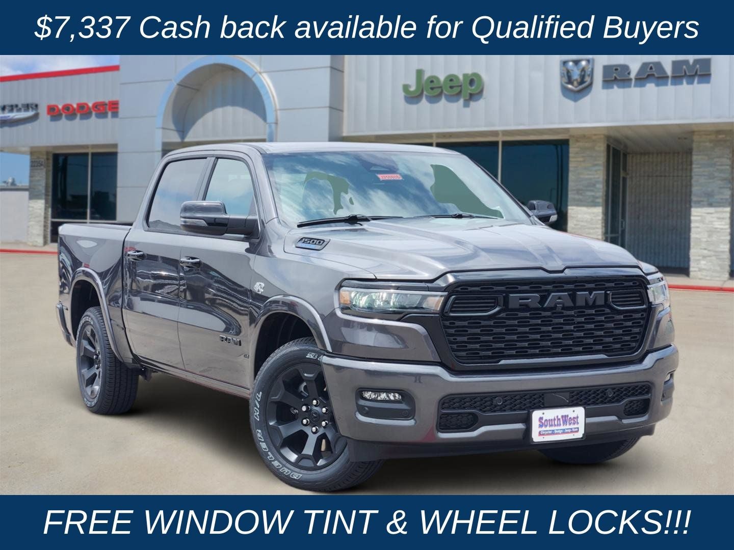2026 RAM Ram 1500 RAM 1500 LONE STAR CREW CAB 4X2 5'7' BOX in Granite Crystal Metallic Clear-Coat Exterior Paint — front three-quarter view