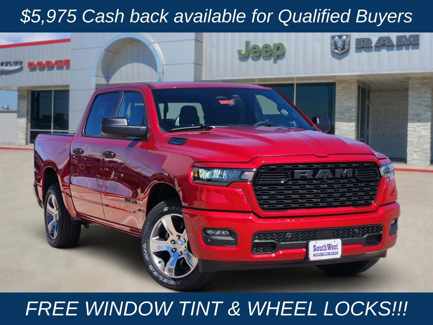 2026 RAM Ram 1500 RAM 1500 EXPRESS CREW CAB 4X2 5'7' BOX in Molten Red Pearl-Coat Exterior Paint — front three-quarter view