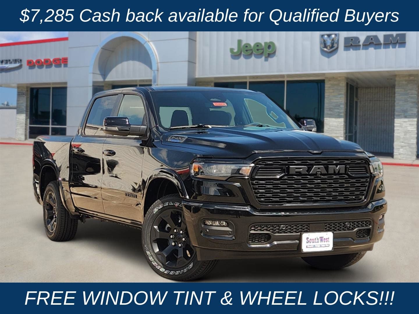2026 RAM Ram 1500 RAM 1500 LONE STAR CREW CAB 4X4 5'7' BOX in Diamond Black Crystal Pearl-Coat Exterior Paint — front three-quarter view