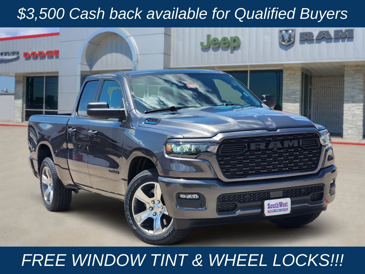 2026 RAM Ram 1500 RAM 1500 EXPRESS QUAD CAB 4X2 6'4' BOX in Granite Crystal Metallic Clear-Coat Exterior Paint — front three-quarter view