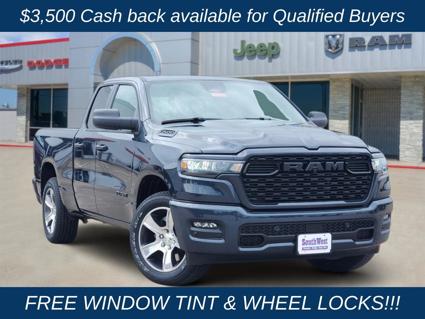 2026 RAM Ram 1500 RAM 1500 EXPRESS QUAD CAB 4X2 6'4' BOX in Forged Blue Metallic Exterior Paint — front three-quarter view