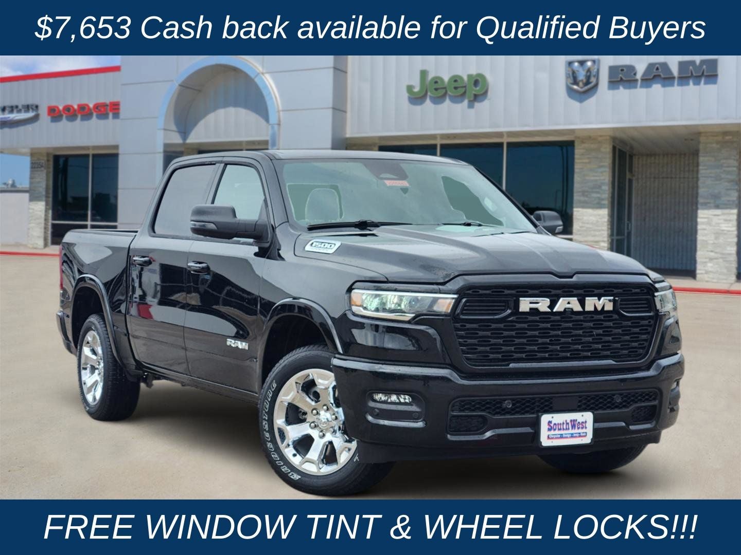 2026 RAM Ram 1500 RAM 1500 BIG HORN CREW CAB 4X4 5'7' BOX in Diamond Black Crystal Pearl-Coat Exterior Paint — front three-quarter view