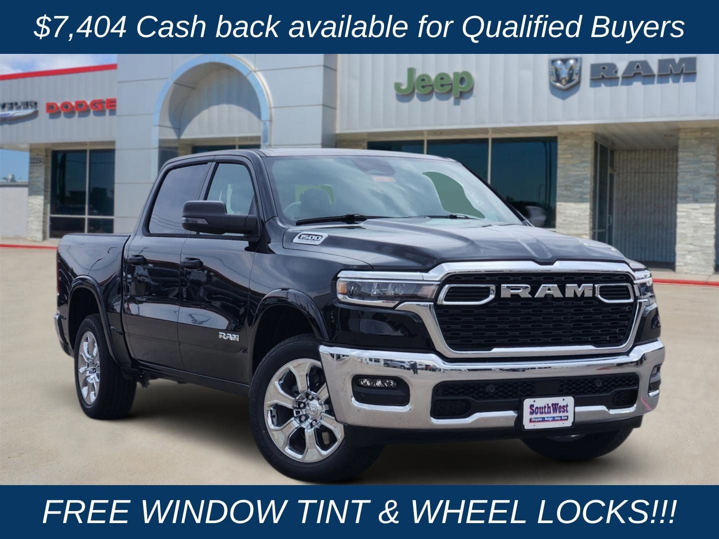 2026 RAM Ram 1500 RAM 1500 BIG HORN CREW CAB 4X4 5'7' BOX in Diamond Black Crystal Pearl-Coat Exterior Paint — front three-quarter view