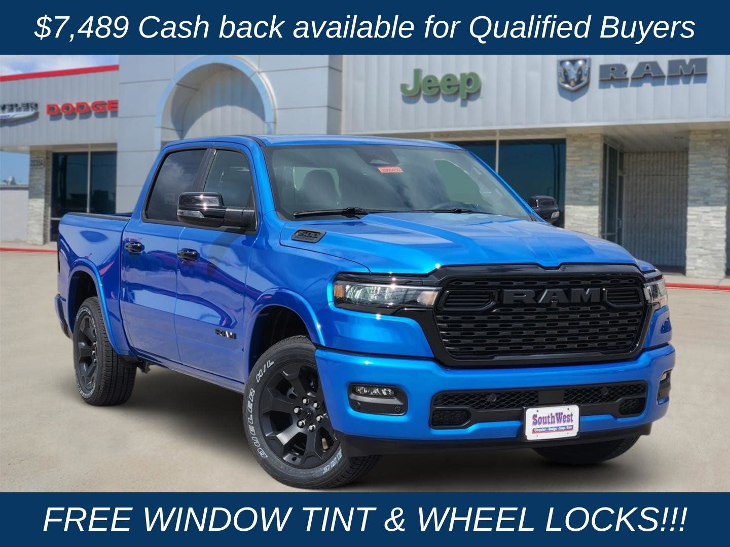 2026 RAM Ram 1500 RAM 1500 BIG HORN CREW CAB 4X4 5'7' BOX in Hydro Blue Pearl-Coat Exterior Paint — front three-quarter view