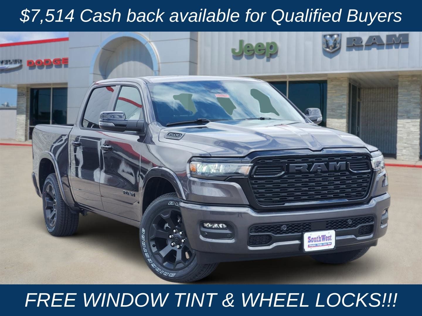 2026 RAM Ram 1500 RAM 1500 BIG HORN CREW CAB 4X4 5'7' BOX in Granite Crystal Metallic Clear-Coat Exterior Paint — front three-quarter view