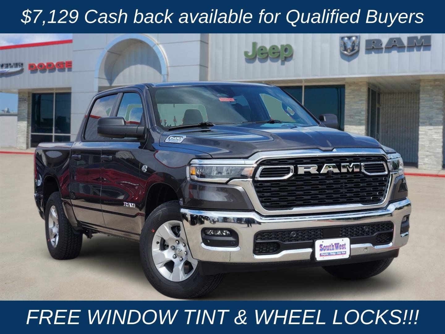 2026 RAM Ram 1500 RAM 1500 LONE STAR CREW CAB 4X4 5'7' BOX in Granite Crystal Metallic Clear-Coat Exterior Paint — front three-quarter view