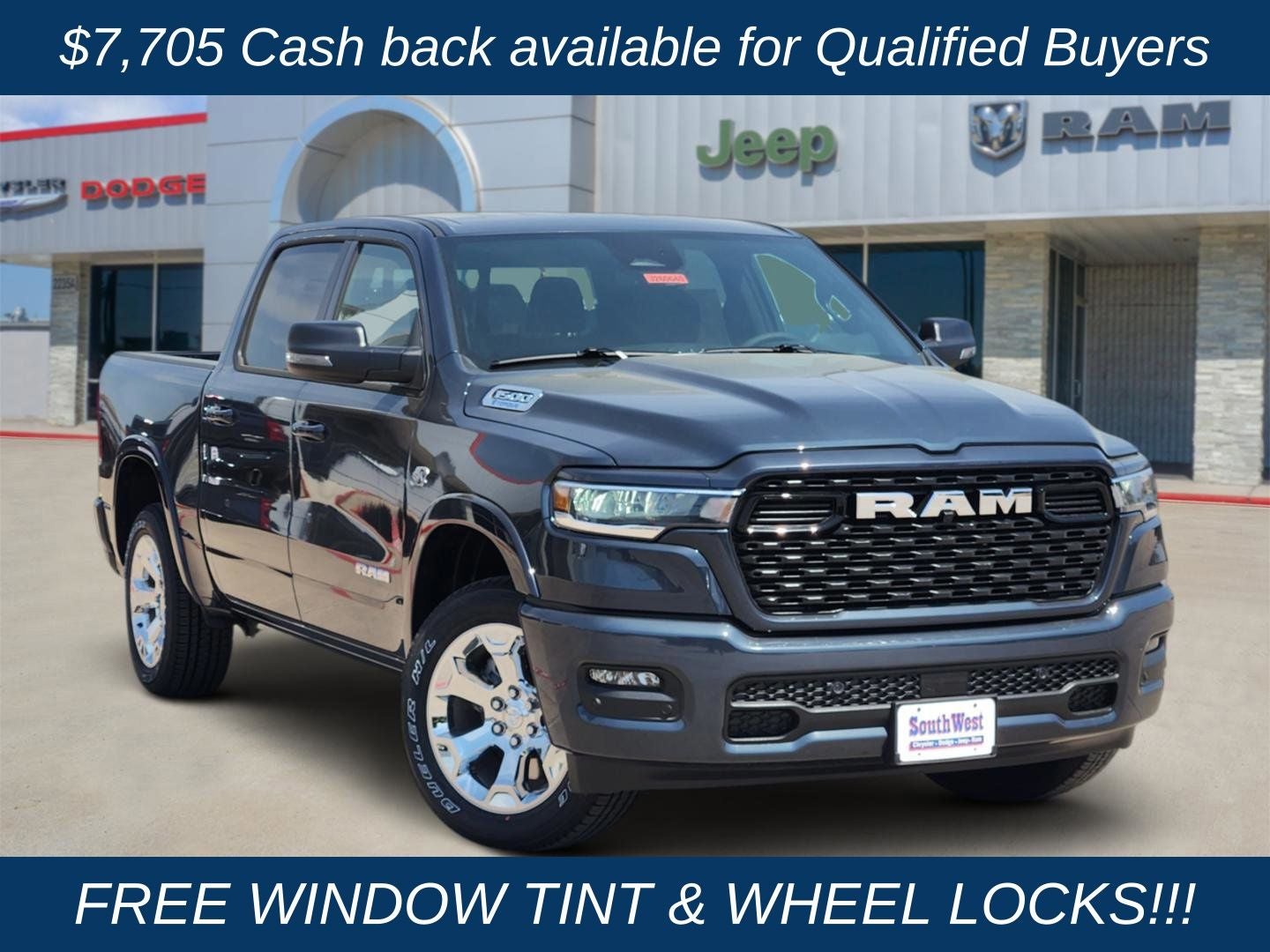 2026 RAM Ram 1500 RAM 1500 LONE STAR CREW CAB 4X4 5'7' BOX in Forged Blue Metallic Exterior Paint — front three-quarter view
