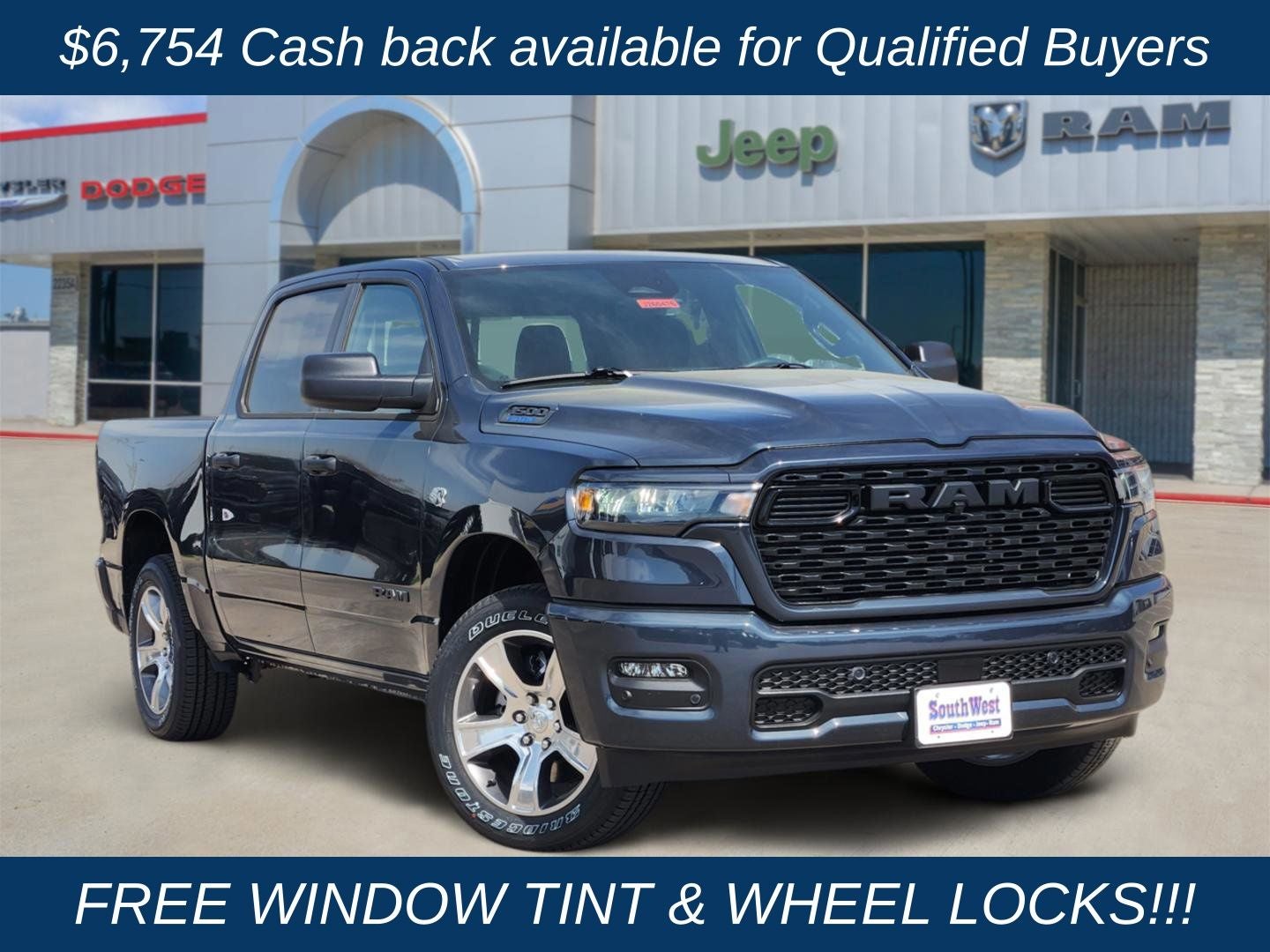 2026 RAM Ram 1500 RAM 1500 EXPRESS CREW CAB 4X4 5'7' BOX in Forged Blue Metallic Exterior Paint — front three-quarter view