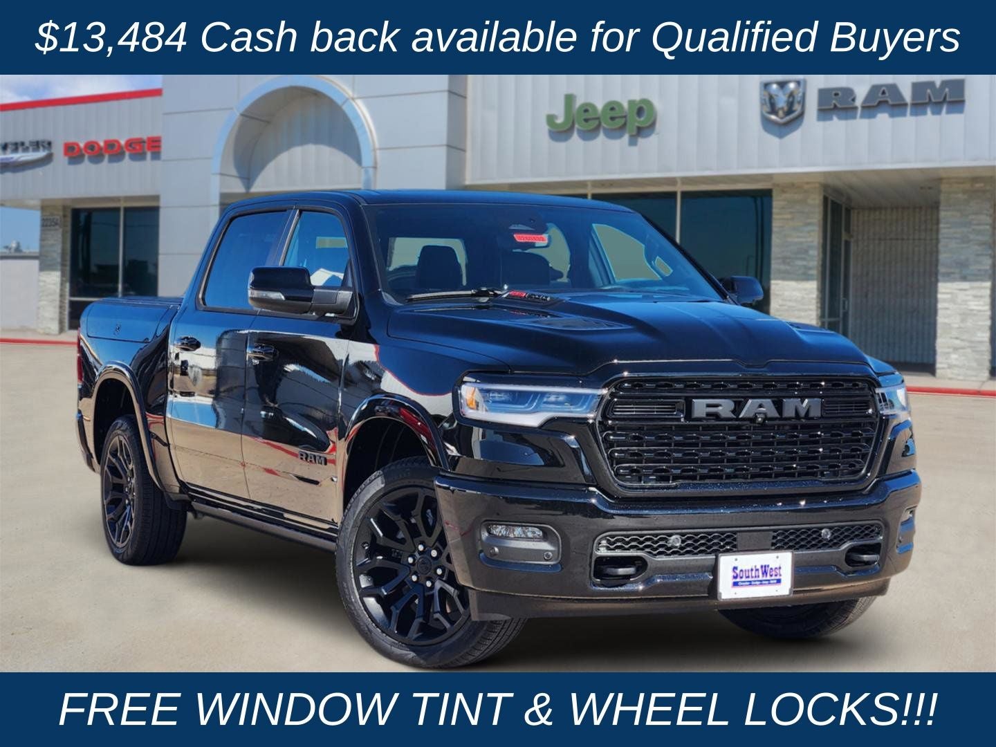 2026 RAM Ram 1500 RAM 1500 LIMITED CREW CAB 4X4 5'7' BOX in Diamond Black Crystal Pearl-Coat Exterior Paint — front three-quarter view