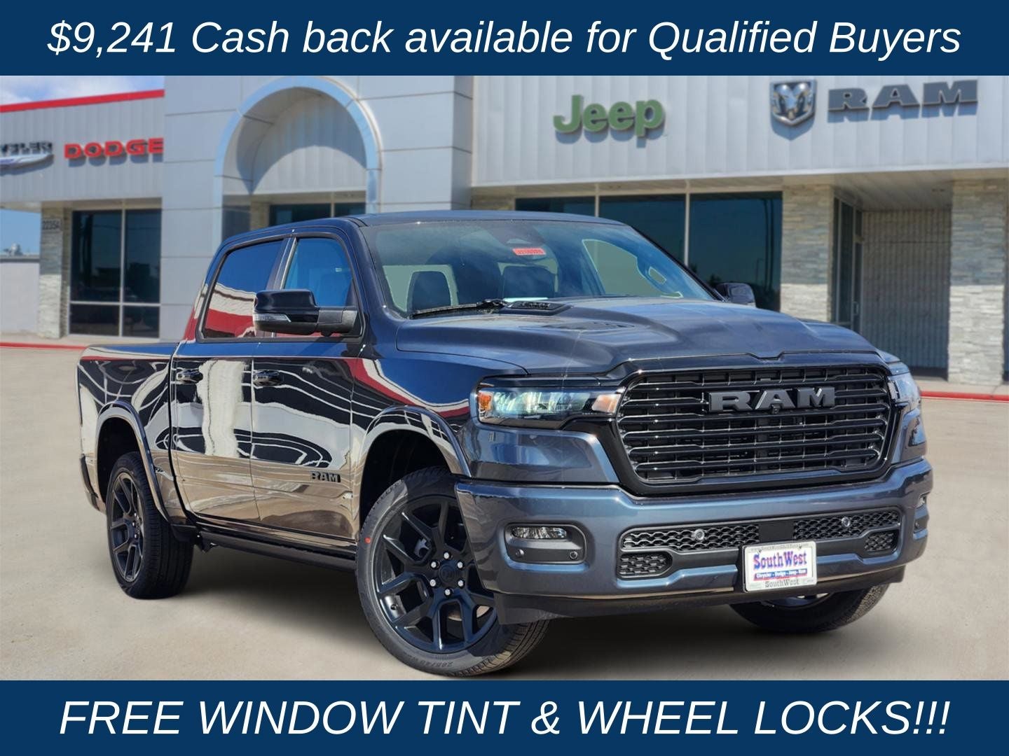 2026 RAM Ram 1500 RAM 1500 LARAMIE CREW CAB 4X4 5'7' BOX in Forged Blue Metallic Exterior Paint — front three-quarter view