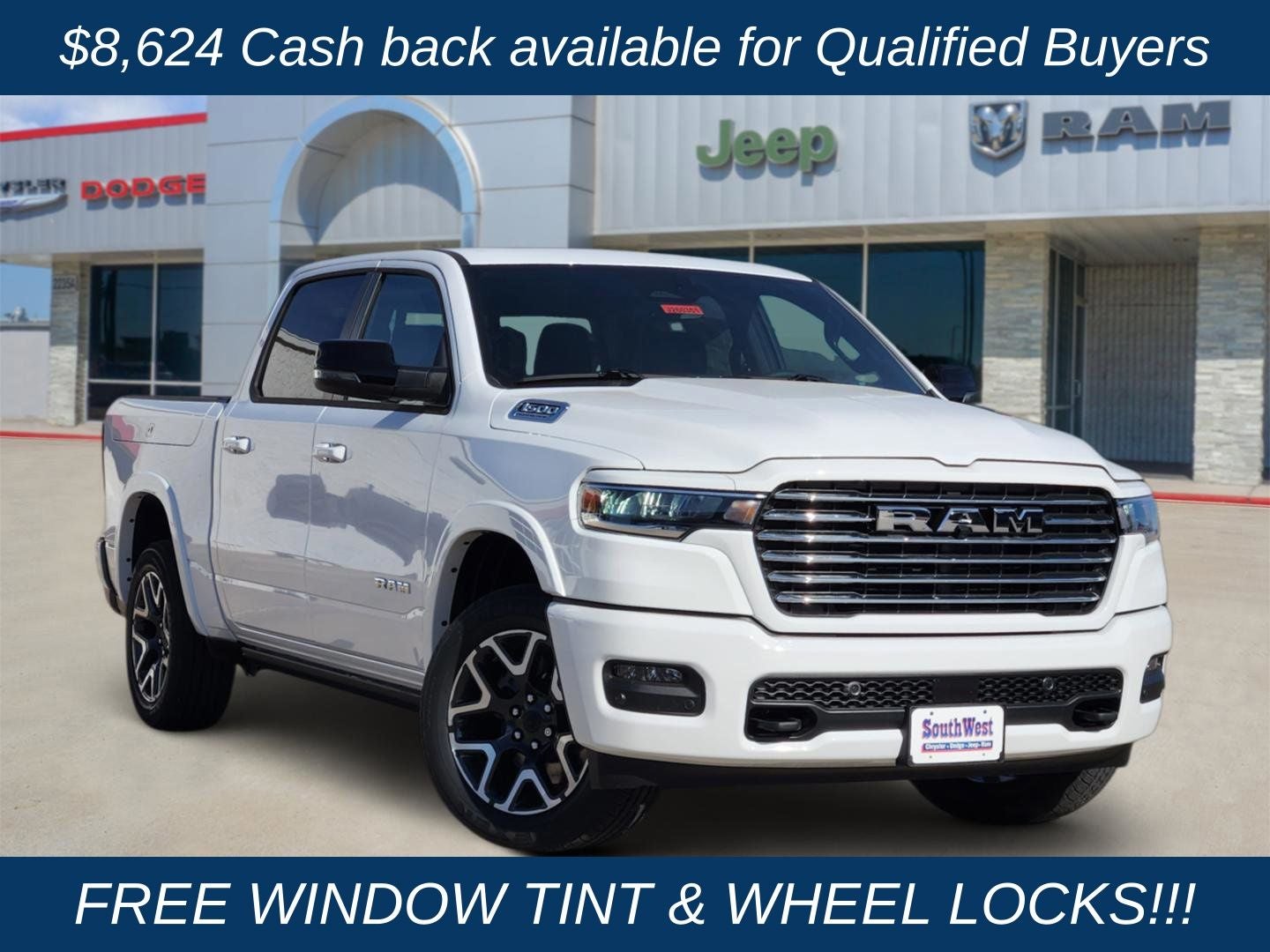 2026 RAM Ram 1500 RAM 1500 LARAMIE CREW CAB 4X4 5'7' BOX in Bright White Clear-Coat Exterior Paint — front three-quarter view