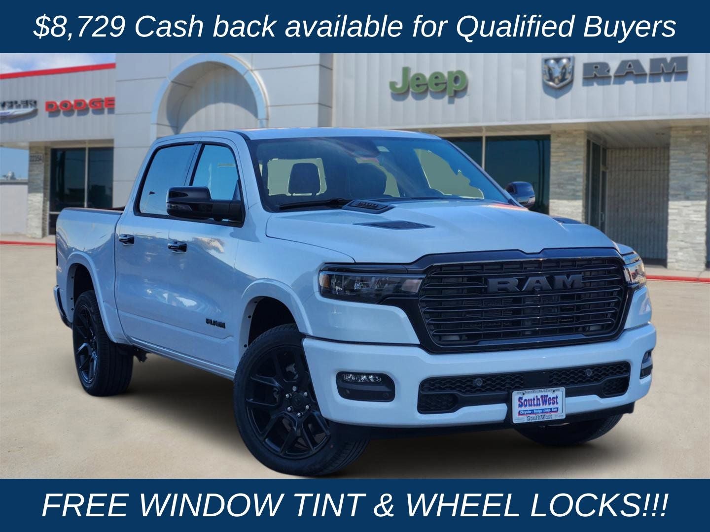 2026 RAM Ram 1500 RAM 1500 LARAMIE CREW CAB 4X4 5'7' BOX in Bright White Clear-Coat Exterior Paint — front three-quarter view