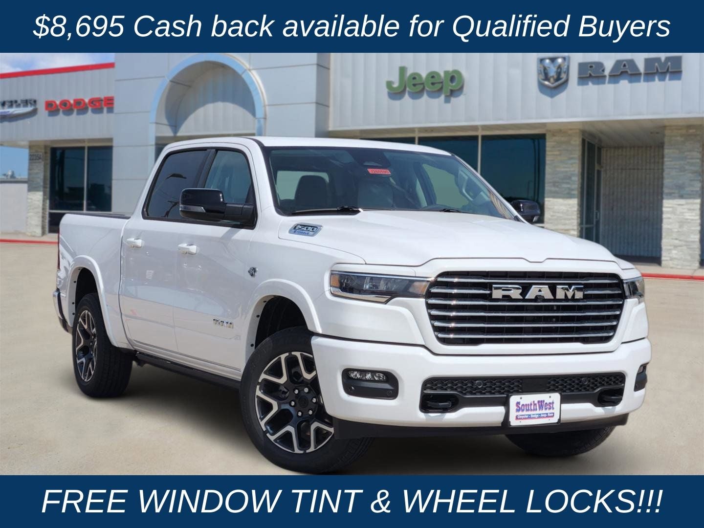 2026 RAM Ram 1500 RAM 1500 LARAMIE CREW CAB 4X4 5'7' BOX in Bright White Clear-Coat Exterior Paint — front three-quarter view