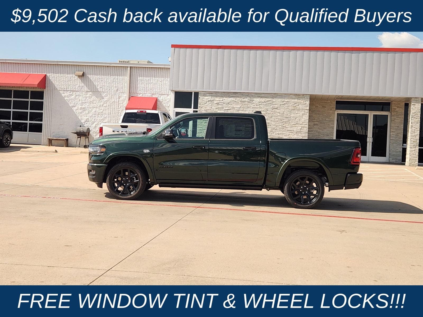 2026 RAM Ram 1500 RAM 1500 LARAMIE CREW CAB 4X4 5'7' BOX in Serrano-Green Metallic Exterior Paint — front three-quarter view
