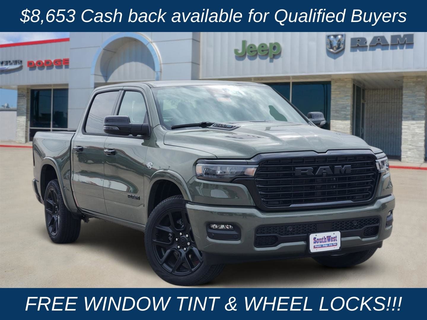 2026 RAM Ram 1500 RAM 1500 LARAMIE CREW CAB 4X4 5'7' BOX in Canyon Lake Exterior Paint — front three-quarter view