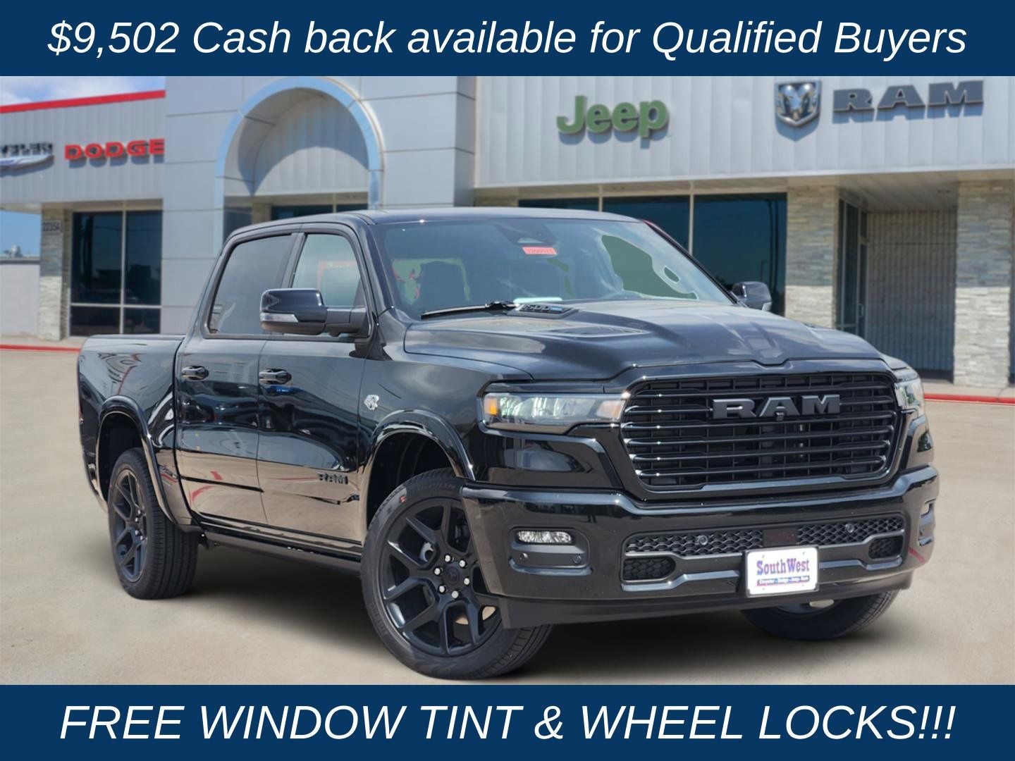 2026 RAM Ram 1500 RAM 1500 LARAMIE CREW CAB 4X4 5'7' BOX in Diamond Black Crystal Pearl-Coat Exterior Paint — front three-quarter view