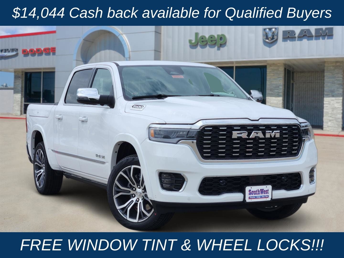 2026 RAM Ram 1500 RAM 1500 TUNGSTEN CREW CAB 4X4 in Bright White Clear-Coat Exterior Paint — front three-quarter view