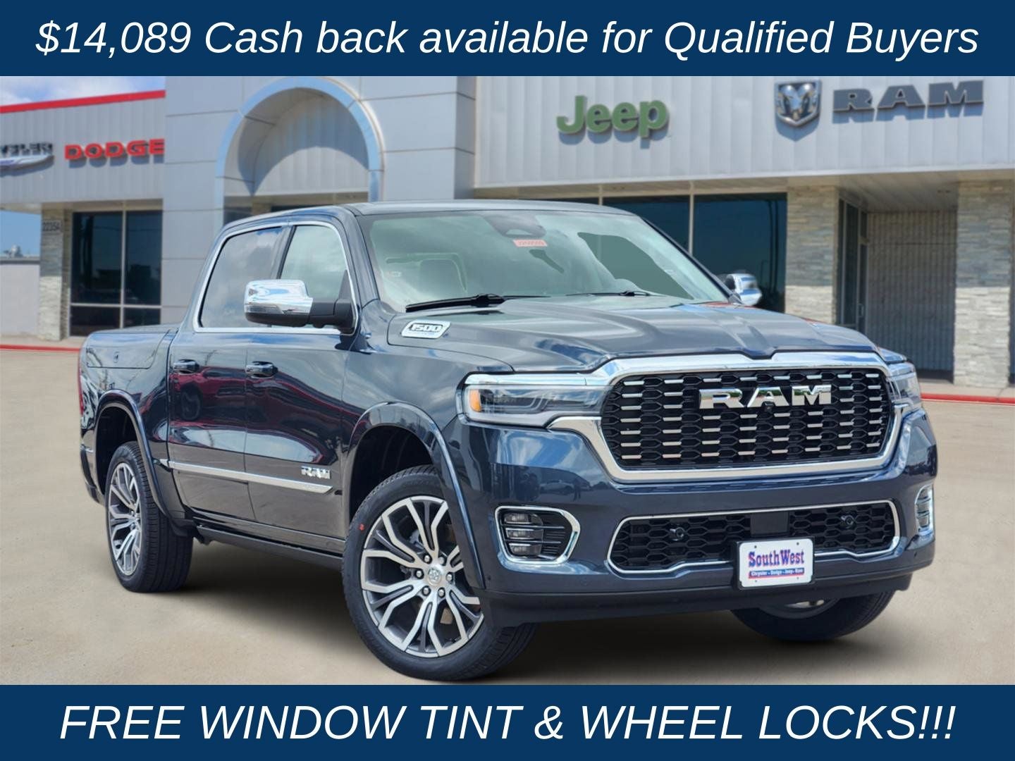 2026 RAM Ram 1500 RAM 1500 TUNGSTEN CREW CAB 4X4 in Forged Blue Metallic Exterior Paint — front three-quarter view
