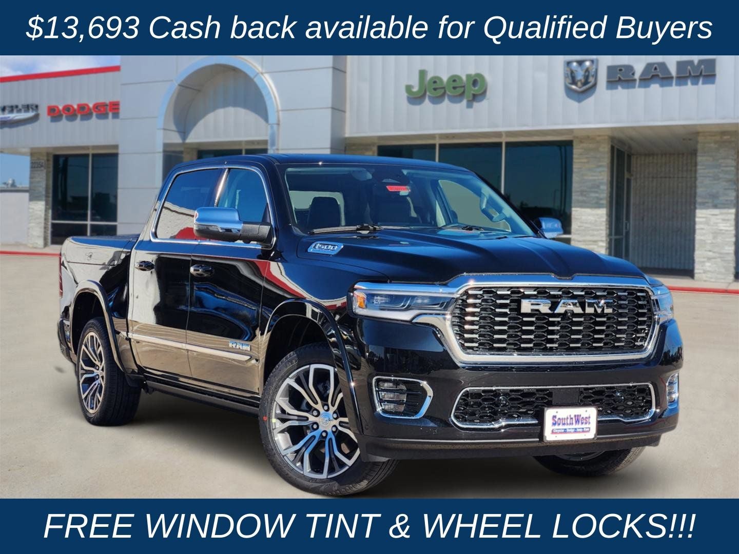 2026 RAM Ram 1500 RAM 1500 TUNGSTEN CREW CAB 4X4 in Diamond Black Crystal Pearl-Coat Exterior Paint — front three-quarter view