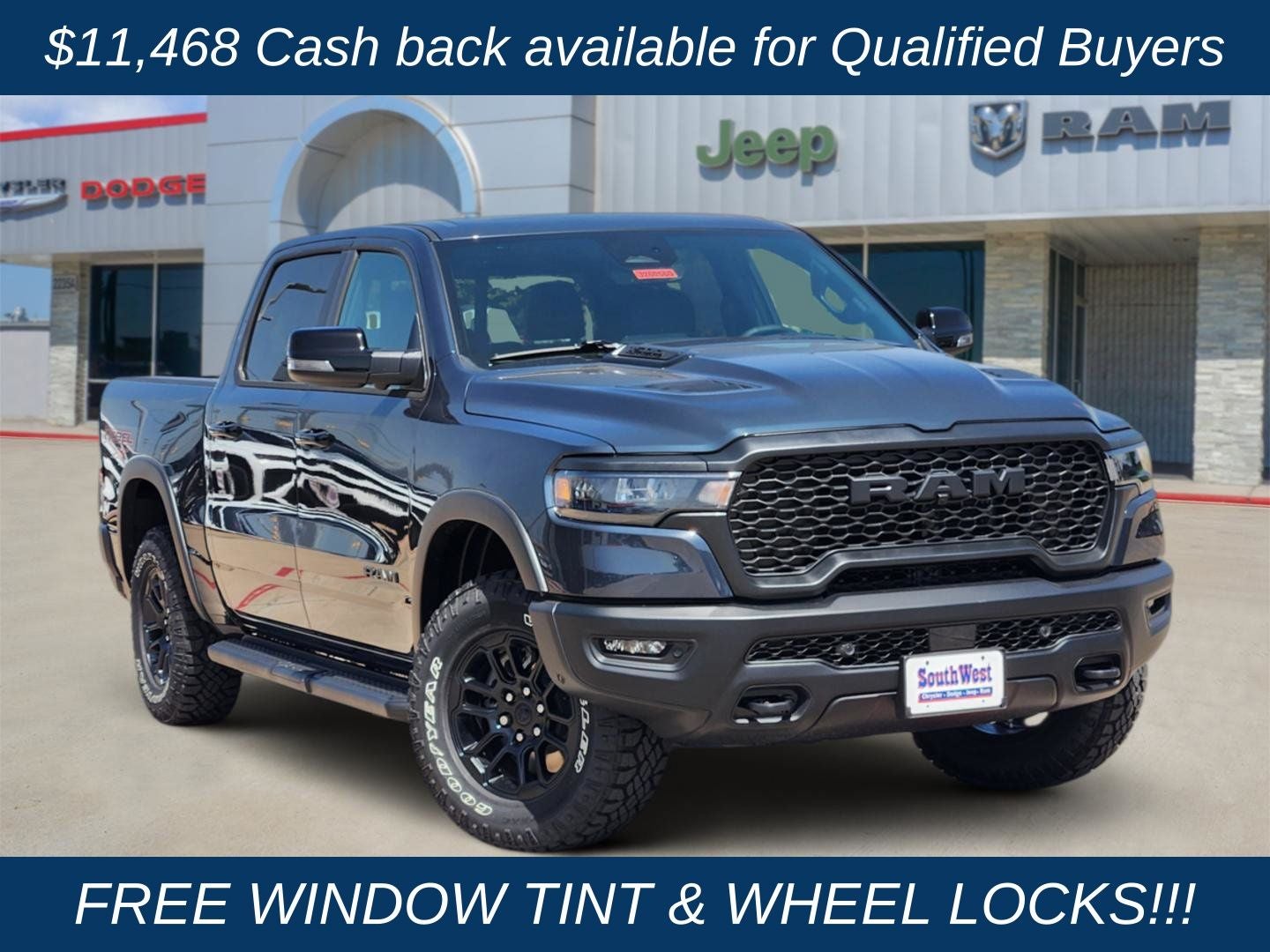 2026 RAM Ram 1500 RAM 1500 REBEL CREW CAB 4X4 5'7' BOX in Forged Blue Metallic Exterior Paint — front three-quarter view